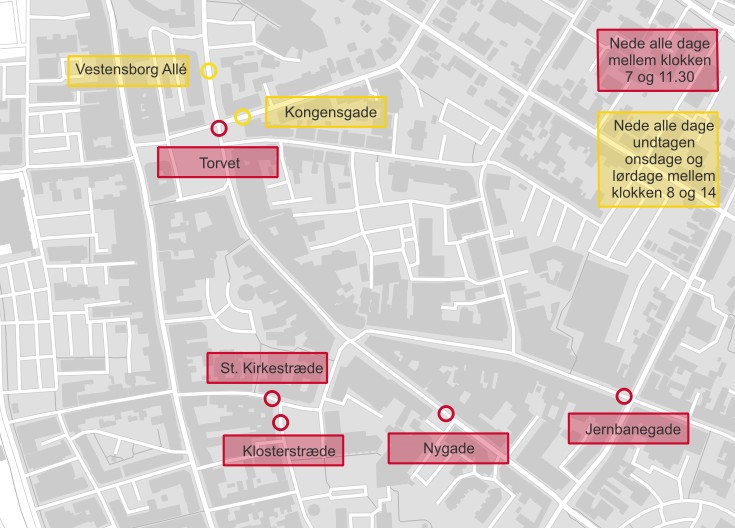 Her ses placeringen af pullerter omkring torvet og gågaderne
